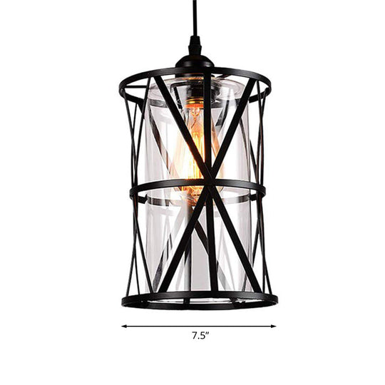 Industrial Clear Glass Pendant Light With Black Iron Frame