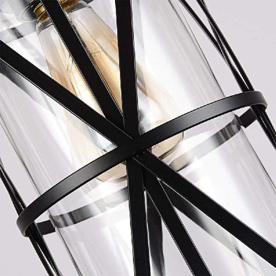 Industrial Clear Glass Pendant Light With Black Iron Frame