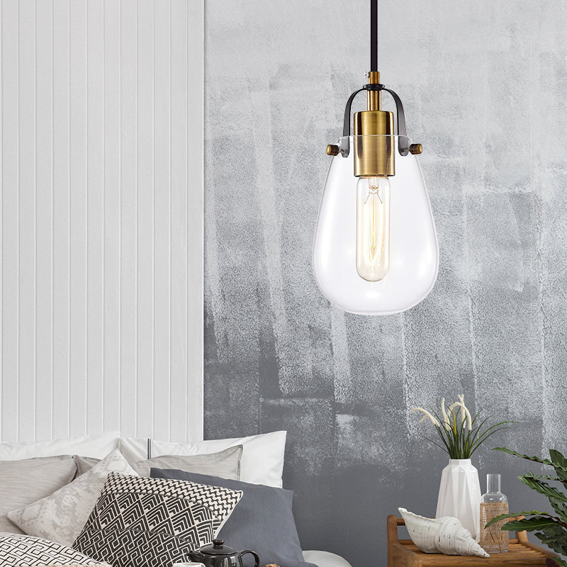 Rustic Bulb-Shaped Hanging Light with Clear Glass Pendant and Brass Finish - Perfect for Dining Room