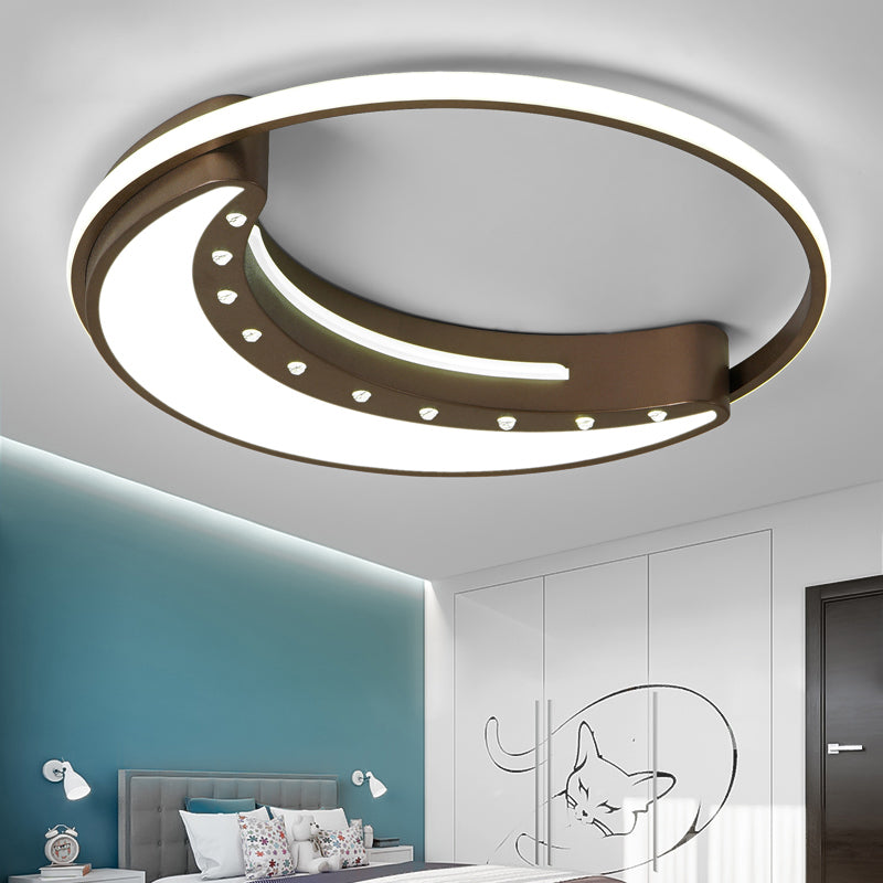 Modern Metal Brown Moon Shaped Ceiling Mounted Fixture with Crystal Accent - LED Flush Mount Lighting for Bedroom - Warm/White - 16"/19.5"/23.5" Wide