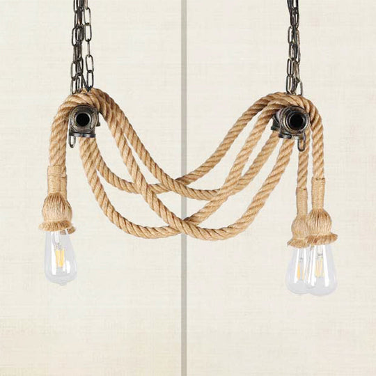 Antique Style Wrought Iron Chandelier With Hemp Rope - 4 Lights Bronze Suspension Lamp For Bar