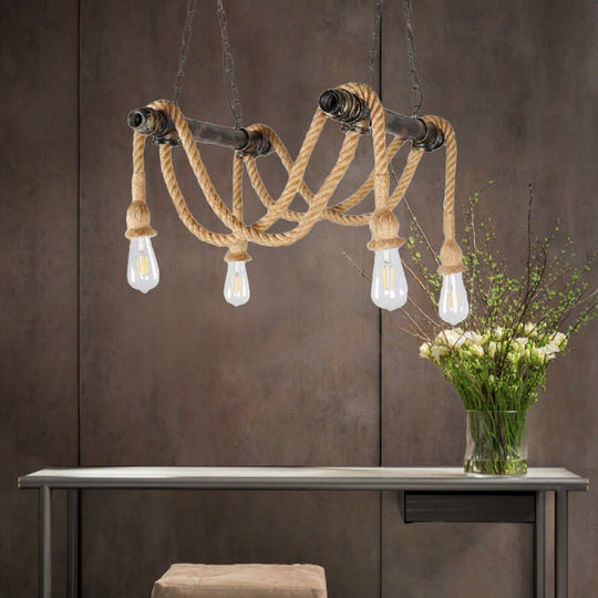 Antique Style Wrought Iron Chandelier With Hemp Rope - 4 Lights Bronze Suspension Lamp For Bar