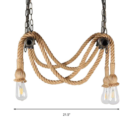 Wrought Iron Bronze Chandelier Lamp with Hemp Rope for Bar - Antique Style, 4 Lights, Open Bulb Suspension Light