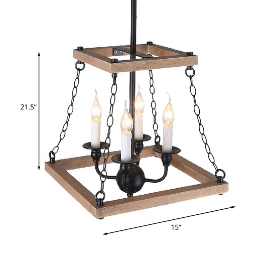 Trapezoid Chandelier Lamp - Brown Farmhouse Style With Flameless Candle Metal & Wood 4-Light Kitchen