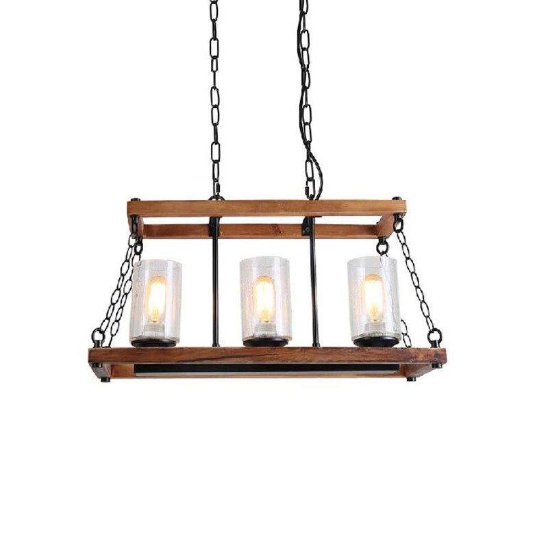 Rustic Brown Seeded Glass Island Light With 3-Bulb Cylinder Design And Wooden Trapezoid Guard For