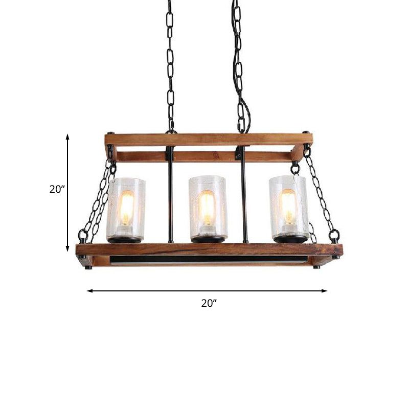 Rustic Brown Seeded Glass Island Light With 3-Bulb Cylinder Design And Wooden Trapezoid Guard For