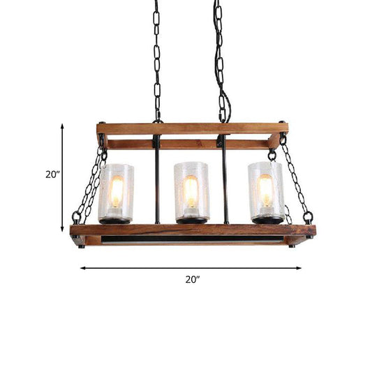 Rustic Brown Seeded Glass Island Light With 3-Bulb Cylinder Design And Wooden Trapezoid Guard For