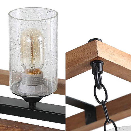 Rustic Brown Seeded Glass Island Light With 3-Bulb Cylinder Design And Wooden Trapezoid Guard For