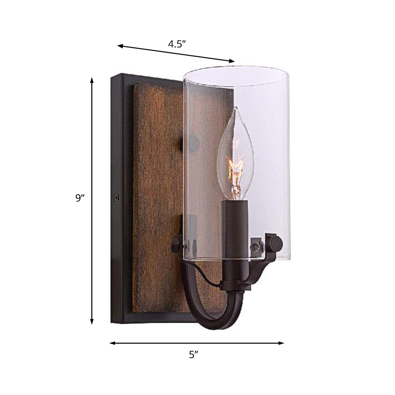 Industrial Brown Glass Wall Mounted Light Fixture With Wooden Backplate