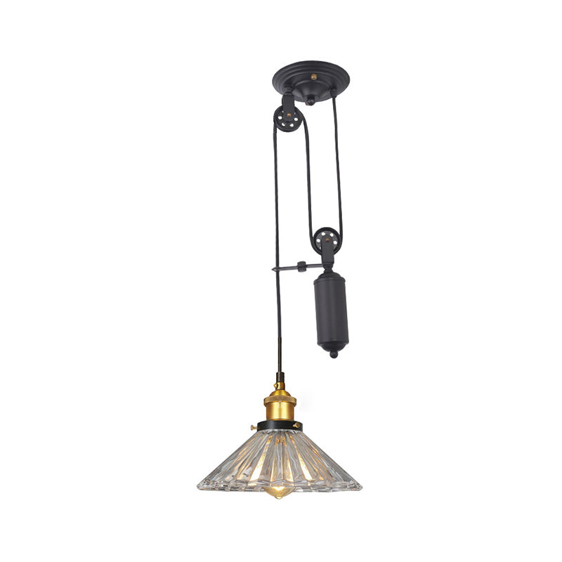 Farmhouse Pendant Light: Cone-Shaped Ribbed Glass Fixture in Bronze/Brass