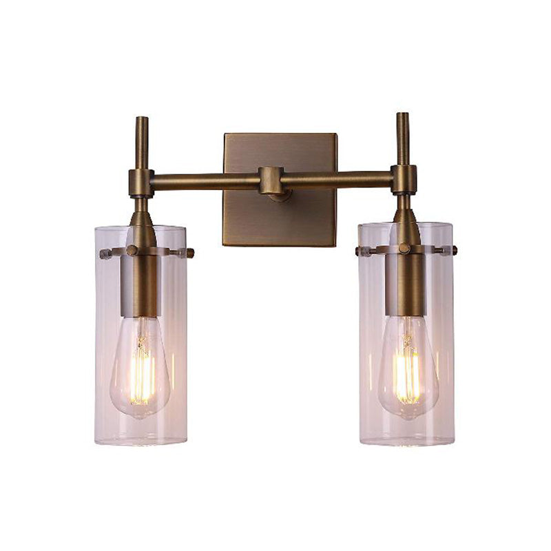 Modern Clear Glass Cylinder Wall Sconce With 2 Lights - Aged Brass Dining Room Lighting Fixture