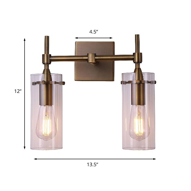 Modern Clear Glass Cylinder Wall Sconce With 2 Lights - Aged Brass Dining Room Lighting Fixture