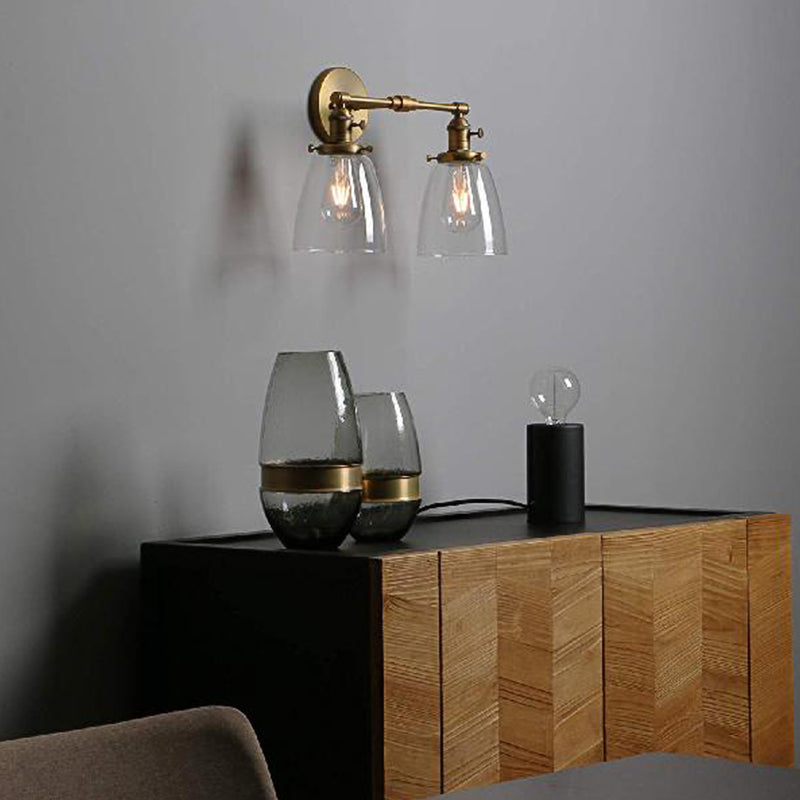 Industrial Wall Lamp: Clear Glass & Brass Sconce With 2 Lights For Foyer