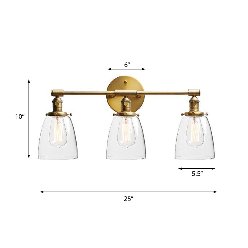 Industrial Brass Cone Wall Mounted Light Fixture - Clear Glass Lighting For Restaurants 3-Bulb