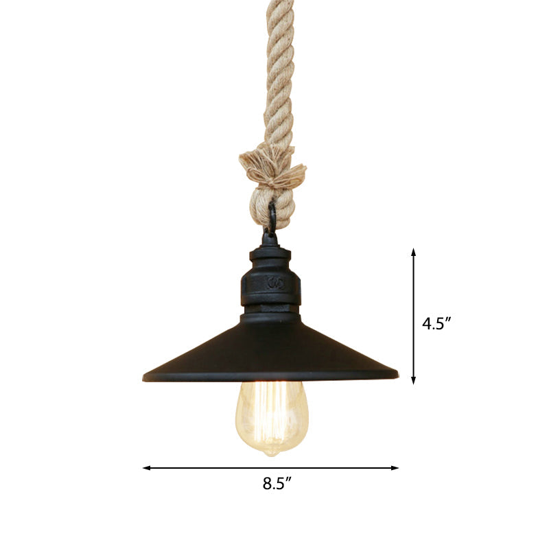 Antique Black Pendant Lamp: Stylish Farmhouse Hanging Light with Metallic Cone Shade and Rope