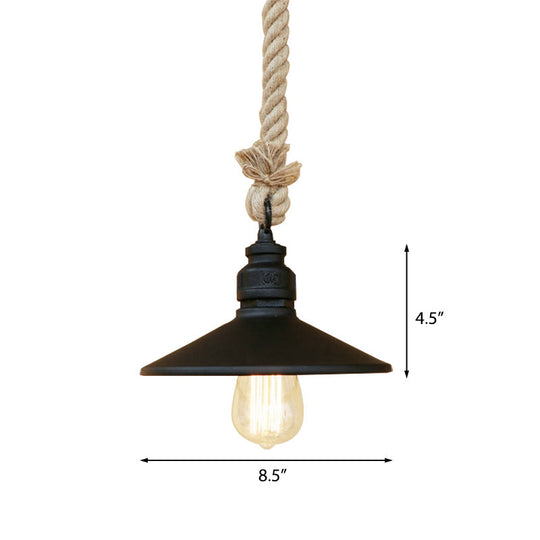 Stylish Black 1-Bulb Pendant Lamp With Antique Metallic Cone Shade & Rope - Perfect For Farmhouse