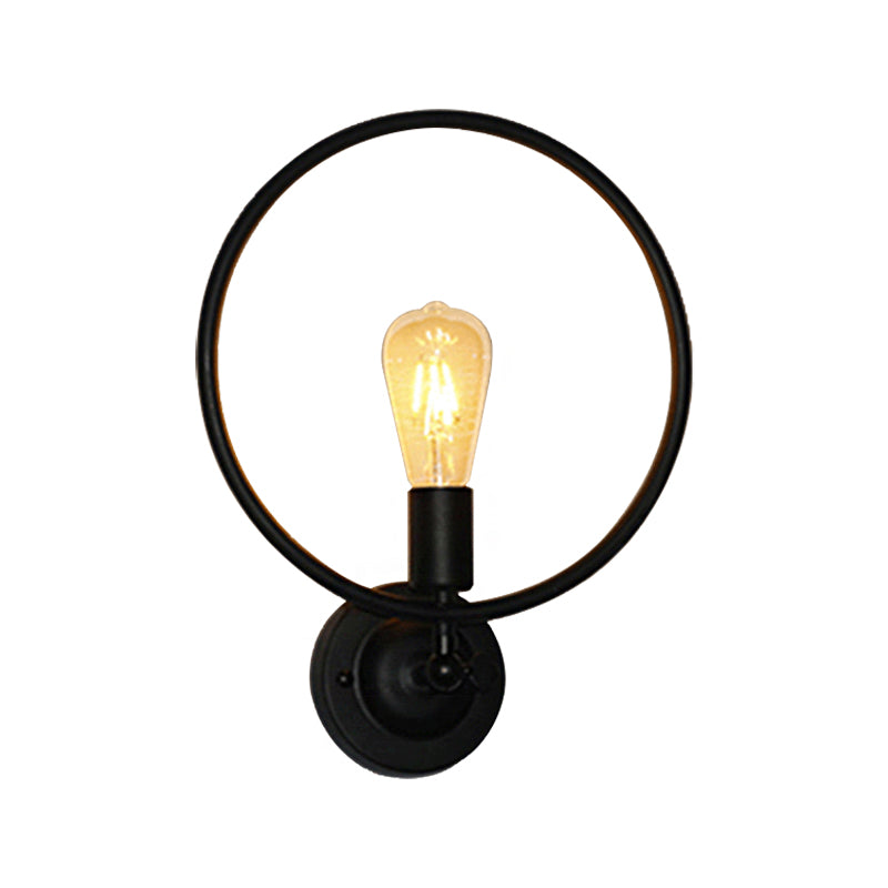 Industrial Style Metal Circular Bathroom Wall Sconce Light - 1 Bulb Black Finish