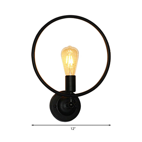 Industrial Style Metal Circular Bathroom Wall Sconce Light - 1 Bulb Black Finish