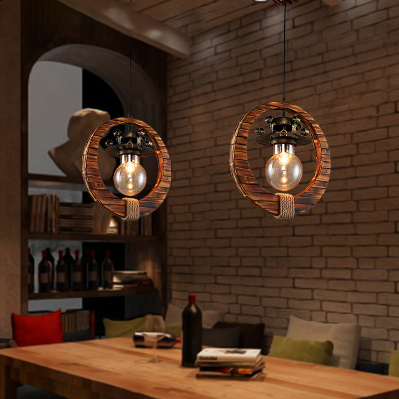 Retro Loft Ring Pendant Lamp - 1 Light Wood & Metal Ceiling Pendant for Cafe, Bistro, Bar