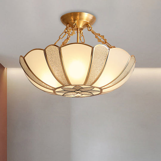 Scalloped Brass Opal Glass Ceiling Light Fixture - 4-Head Traditional Semi Flush with Flower Pattern and Chain