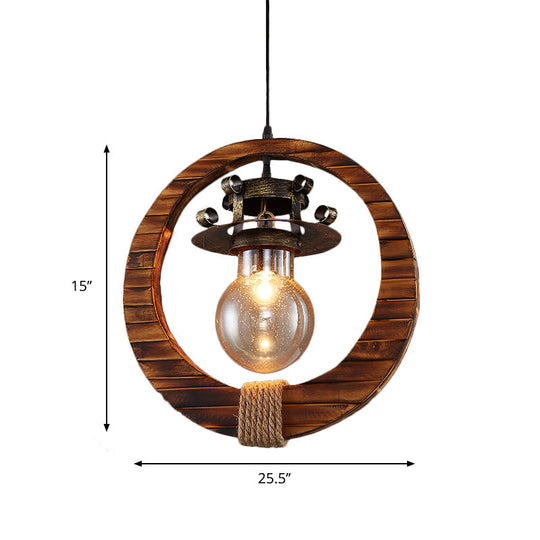 Retro Loft Ring Pendant Lamp - 1 Light Wood & Metal Ceiling Pendant for Cafe, Bistro, Bar