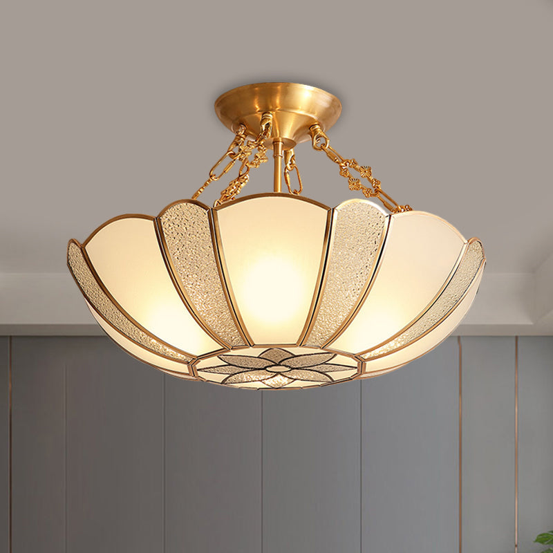 Scalloped Brass Opal Glass Ceiling Light Fixture - 4-Head Traditional Semi Flush with Flower Pattern and Chain