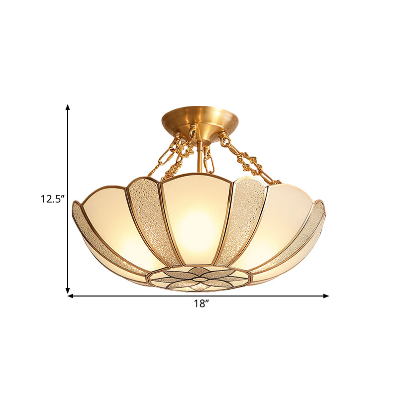 Scalloped Brass Opal Glass Ceiling Light Fixture - 4-Head Traditional Semi Flush with Flower Pattern and Chain