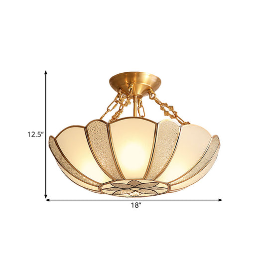 Scalloped Brass Opal Glass Ceiling Light Fixture - 4-Head Traditional Semi Flush with Flower Pattern and Chain