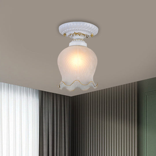 Countryside Scalloped Ceiling Flush Light Fixture in White - Ribbed Opal Glass, 1 Bulb