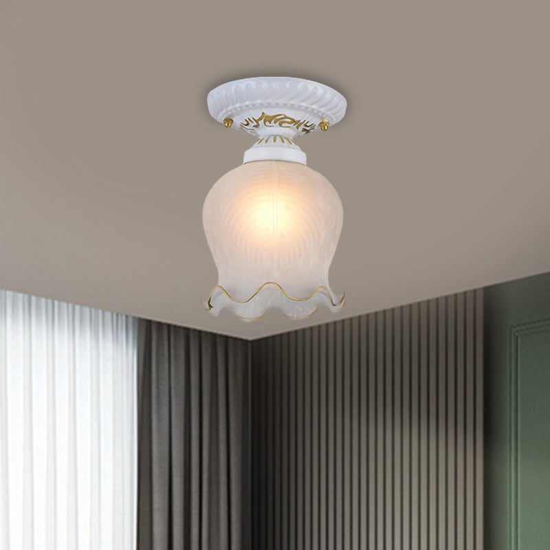 Countryside Scalloped Ceiling Flush Light Fixture In White - Ribbed Opal Glass 1 Bulb