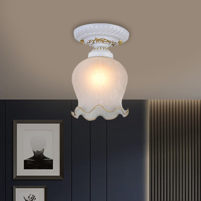 Countryside Scalloped Ceiling Flush Light Fixture in White - Ribbed Opal Glass, 1 Bulb