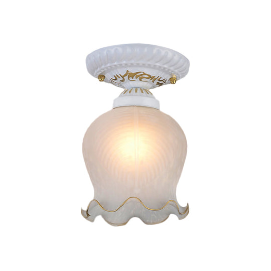 Countryside Scalloped Ceiling Flush Light Fixture in White - Ribbed Opal Glass, 1 Bulb