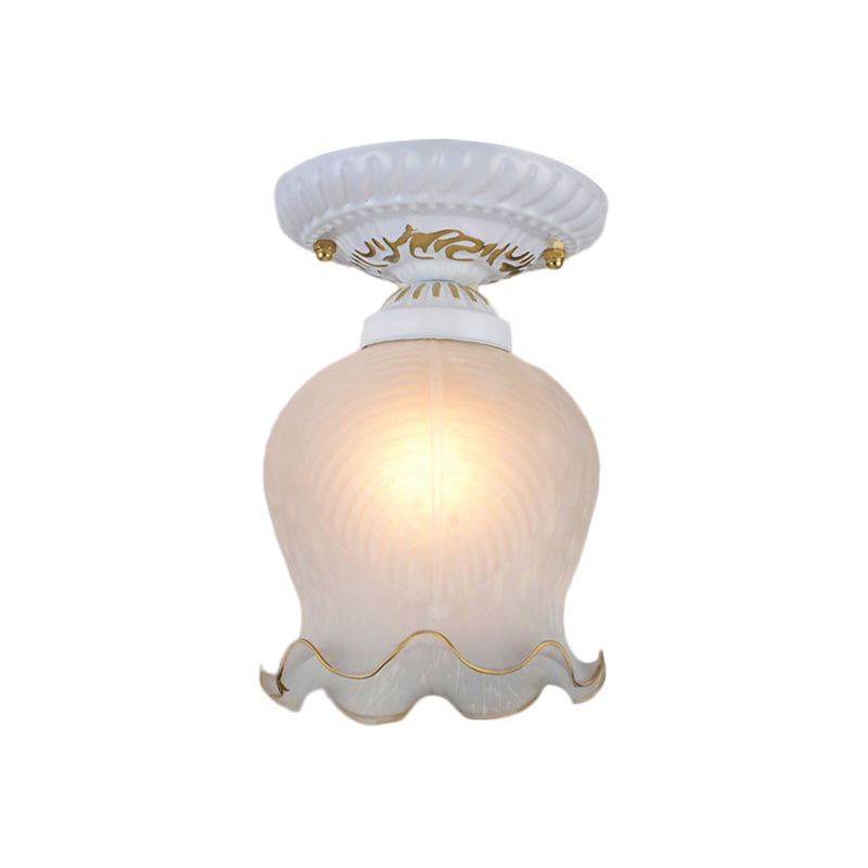 Countryside Scalloped Ceiling Flush Light Fixture In White - Ribbed Opal Glass 1 Bulb