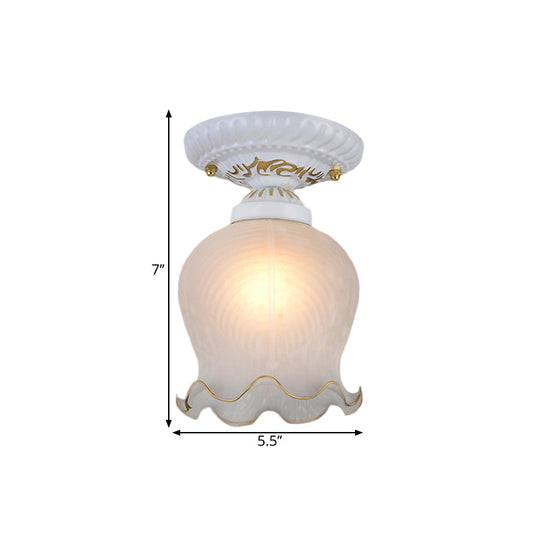 Countryside Scalloped Ceiling Flush Light Fixture in White - Ribbed Opal Glass, 1 Bulb