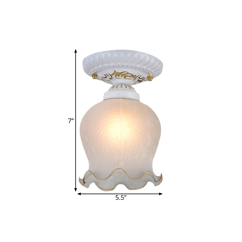 Countryside Scalloped Ceiling Flush Light Fixture In White - Ribbed Opal Glass 1 Bulb