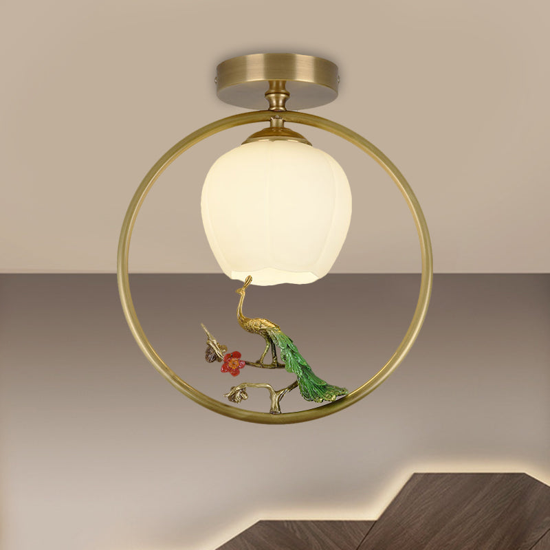 Rustic Opal Glass & Brass Ceiling Lamp With Peacock Decor / A