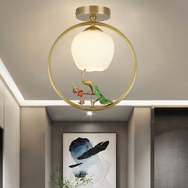 Rustic Opal Glass & Brass Ceiling Lamp with Peacock Decor