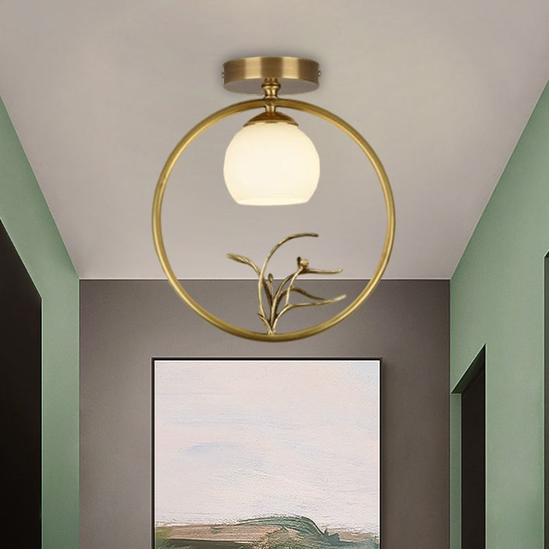 Rustic Opal Glass & Brass Ceiling Lamp With Peacock Decor