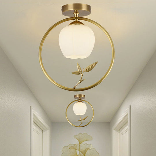 Rustic Opal Glass & Brass Ceiling Lamp with Peacock Decor