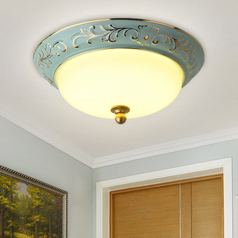 Blue LED Lodge Style Flush Mount Ceiling Light - 12"/14" W Frosted Glass, Warm/White Light