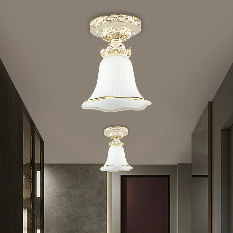 1-Head Vintage Flush Mount Ceiling Light with Milky Glass Flower Design