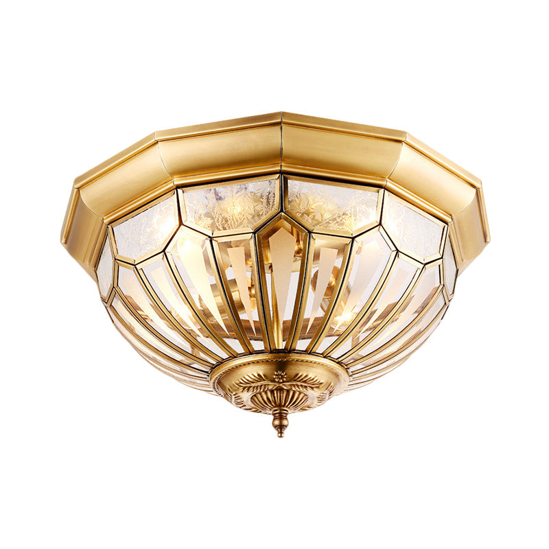 Vintage Brass Flush Mount Light with Faceted Clear Glass Dome