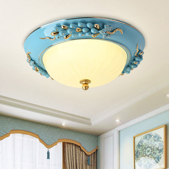 12"/14" Blue LED Ceiling Flush Mount with Antiqued Opal Glass, Floral Design, Warm/White Light