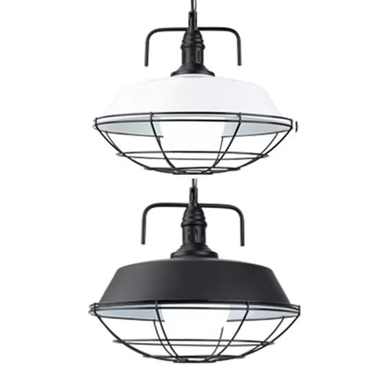 Metal Barn Pendant Light Fixture - Industrial Living Room Hanging Lamp - 1 Light - 14"/18" W - Cage Design - Black/White