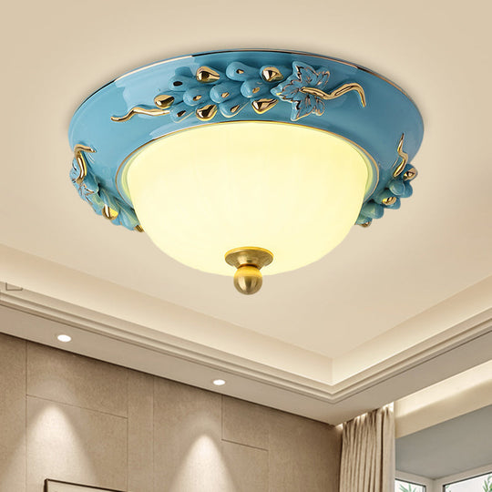 12"/14" Blue LED Ceiling Flush Mount with Antiqued Opal Glass, Floral Design, Warm/White Light