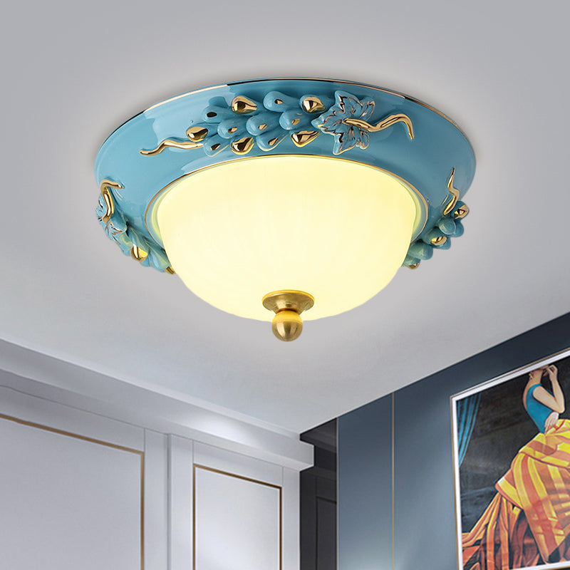 12"/14" Blue LED Ceiling Flush Mount with Antiqued Opal Glass, Floral Design, Warm/White Light