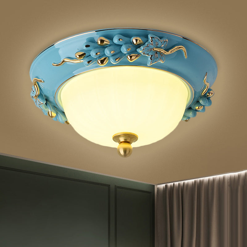 12"/14" Blue LED Ceiling Flush Mount with Antiqued Opal Glass, Floral Design, Warm/White Light