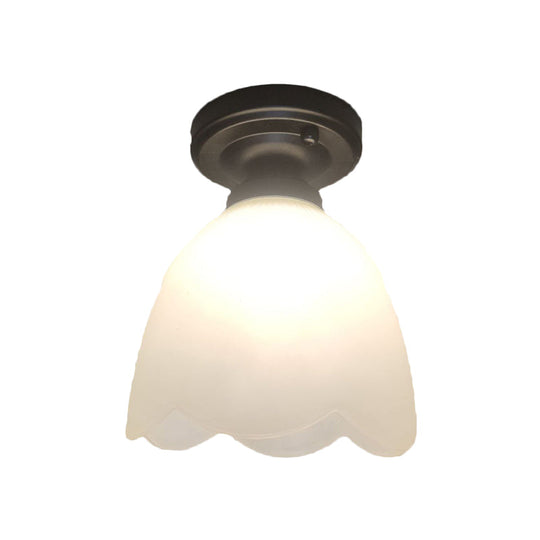 Frosted Glass Ceiling Fixture: Flower Bud Flush Mount Lamp - Loft Style, Black - Perfect for Hallways