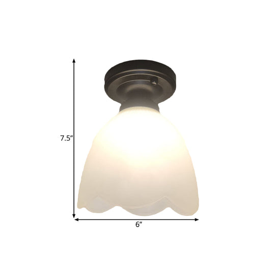 Frosted Glass Ceiling Fixture: Flower Bud Flush Mount Lamp - Loft Style Black Perfect For Hallways