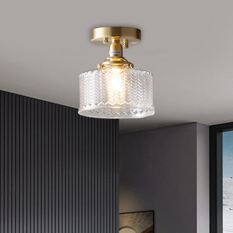 Traditional Brass Semi Flush Drum Corridor Ceiling Fixture with Clear Prismatic Glass & Single Bulb